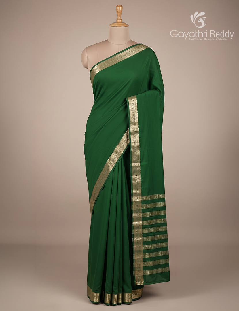 Semi Mysore Crepe Saree in Bottle Green