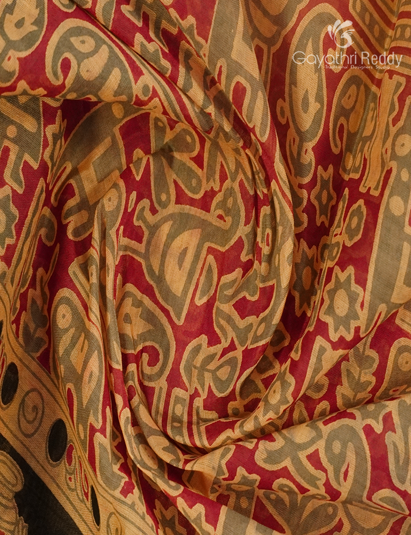 Pure MulMul Cotton Saree in Beige and Red