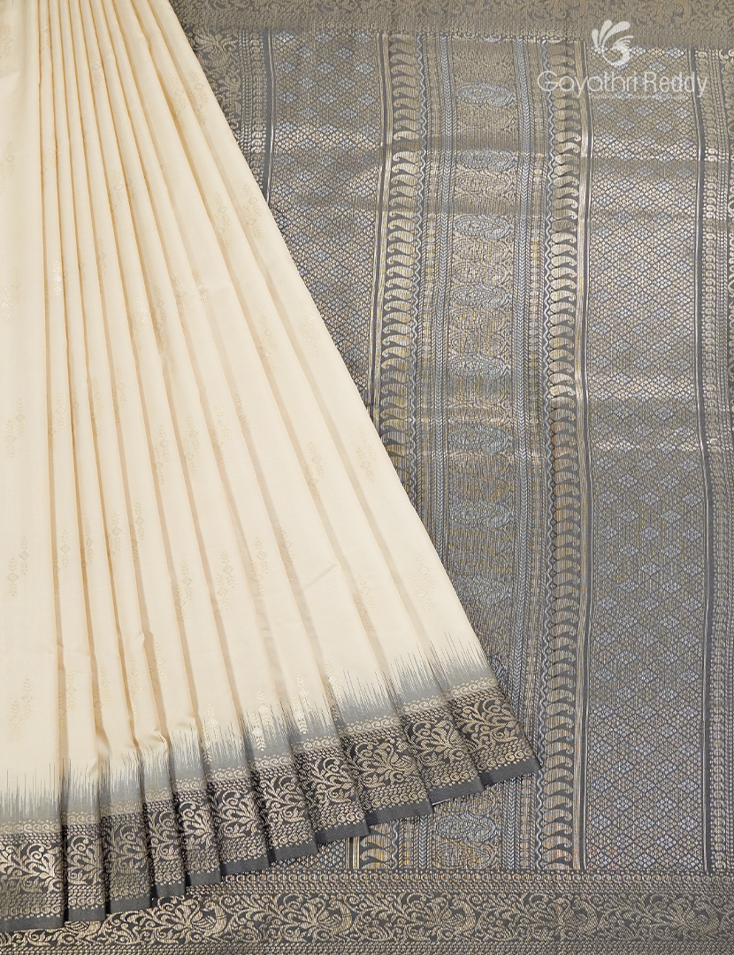 Semi Kanchipuran Silk Saree in Cream and  Grey