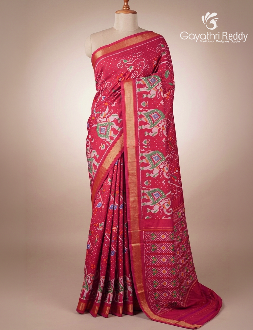 Pure Ikat Silk Saree in Rani Pink