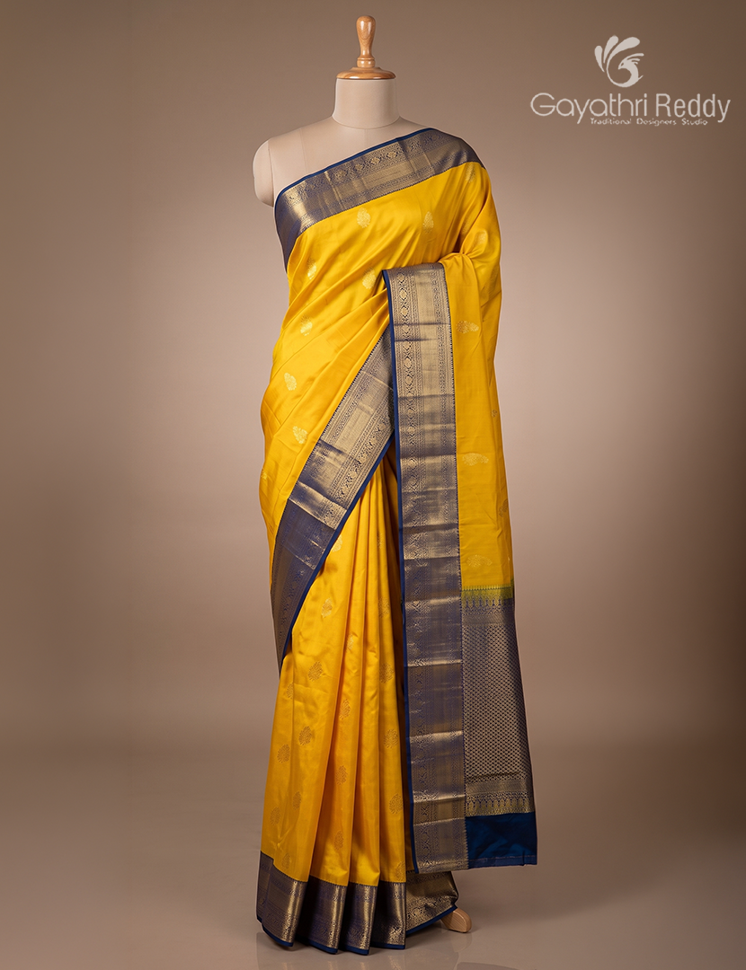 Semi Kanchipuram Silk Saree in Deep Yellow and Deep Purple