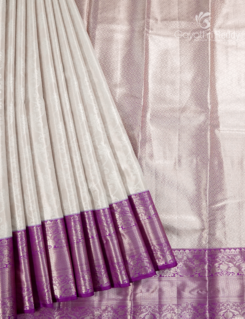 Semi Kanchipuram Silk Saree in Milk White and Magenta