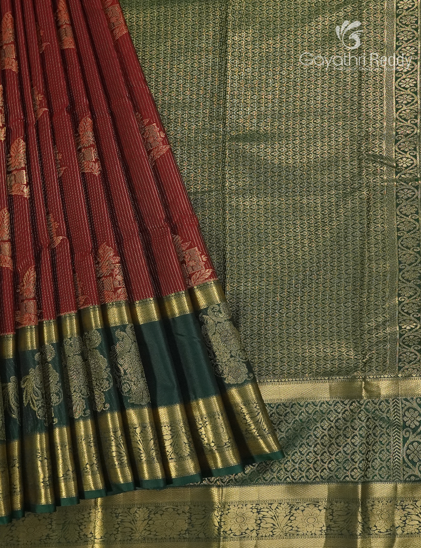 Semi Kanchipuram Silk Saree in Deep Maroon and Bottle Green