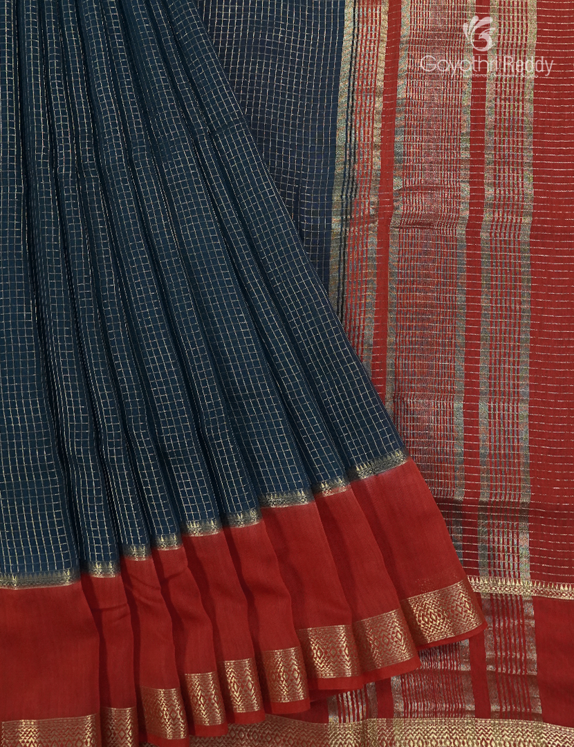 Semi Mysore Crepe Saree in Deep Peacock Blue and Red