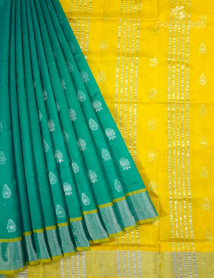 Pure Arani Sico Saree in Sea green and Lime yellow