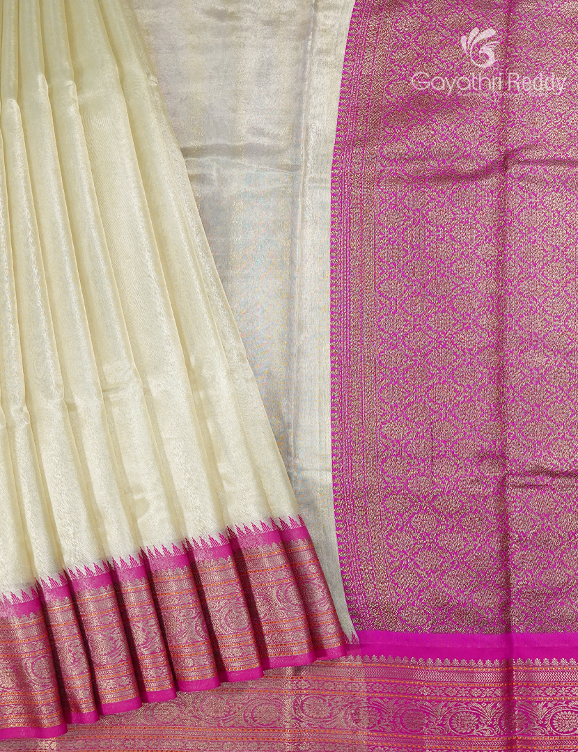 Semi Tissue Gadwal Saree in Cream and Rani Pink