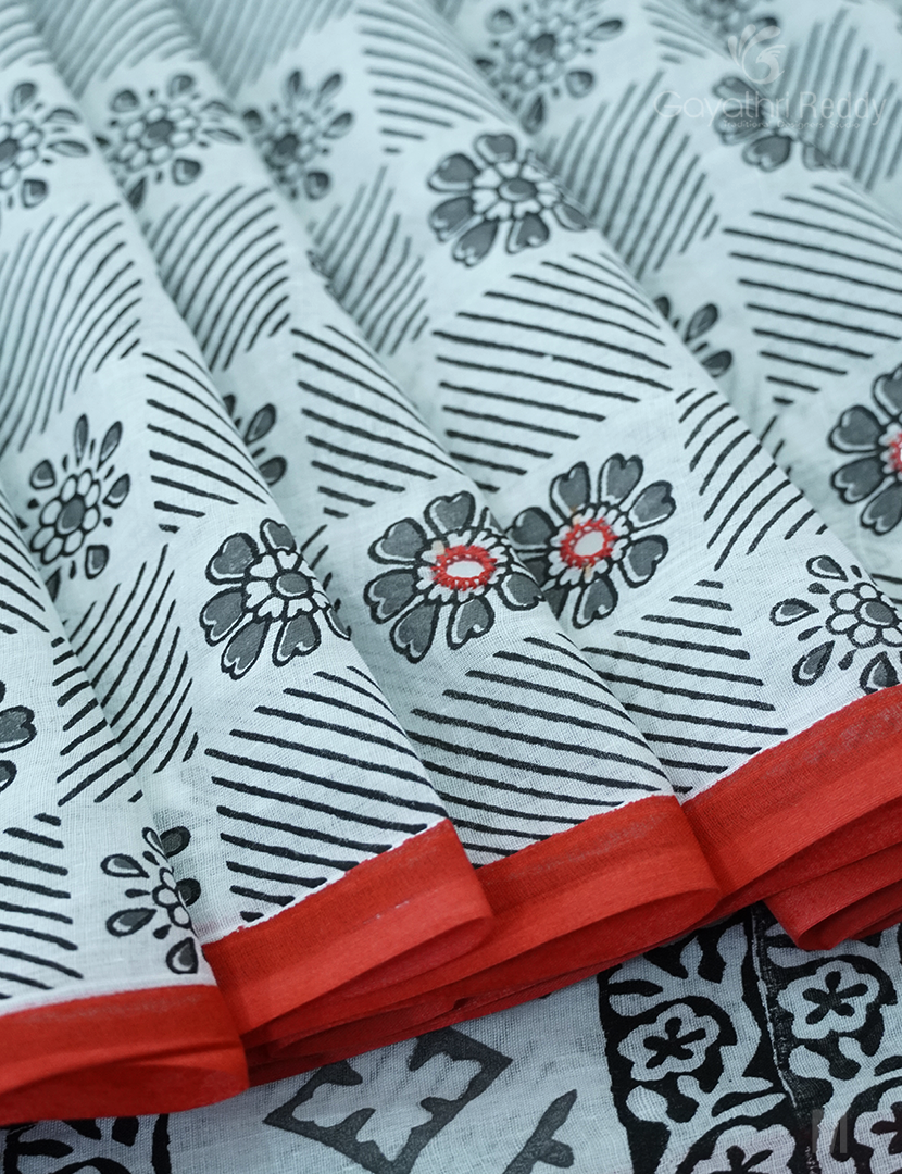 MULMUL COTTON SAREE WITH PRINT AND HANDWORK-MC1941