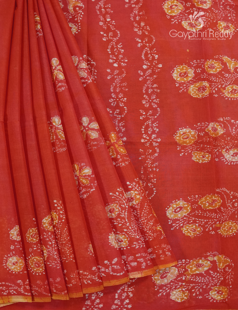 Cotton Batik Print Saree in Orange