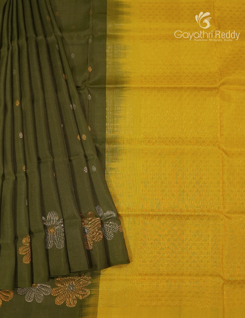 Pure Uppada Silk Saree in Olive Green and Yellow