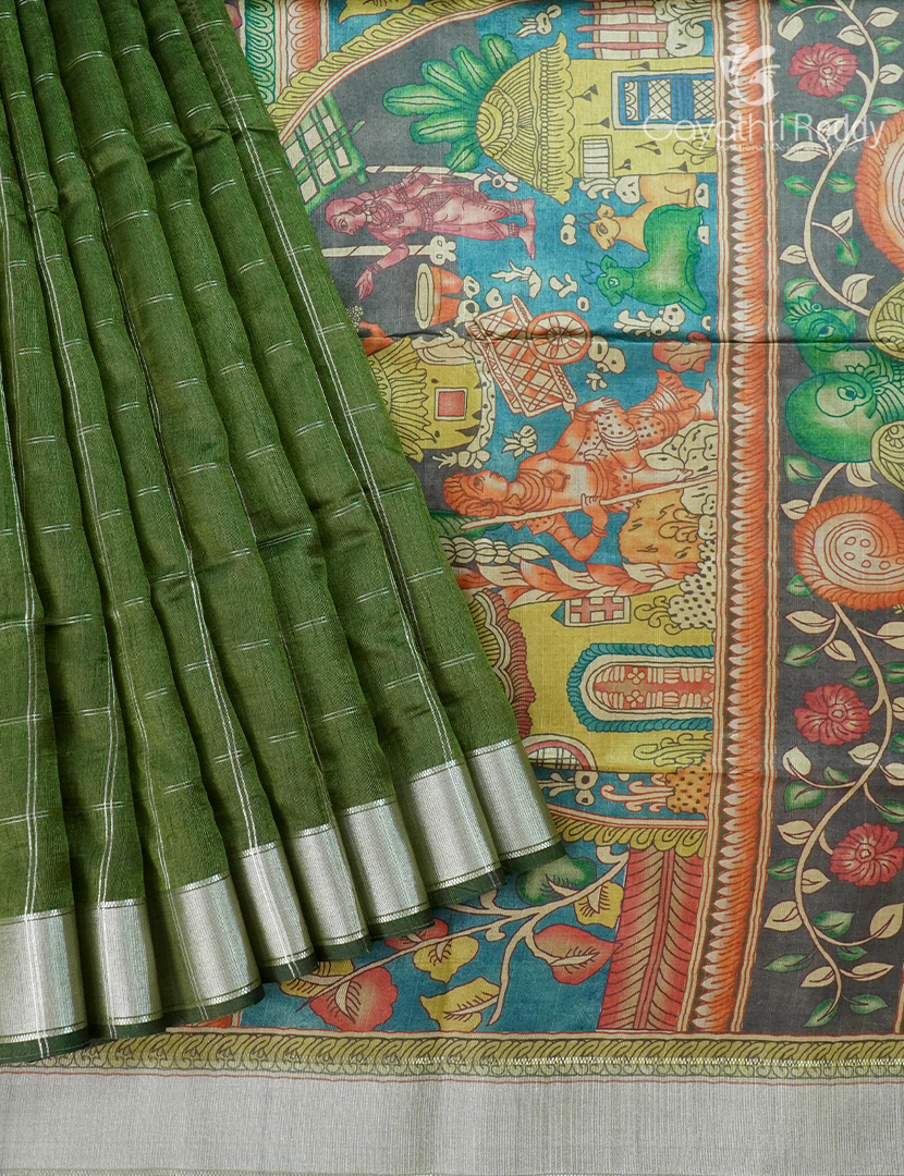Semi Tussar Saree in Olive Green