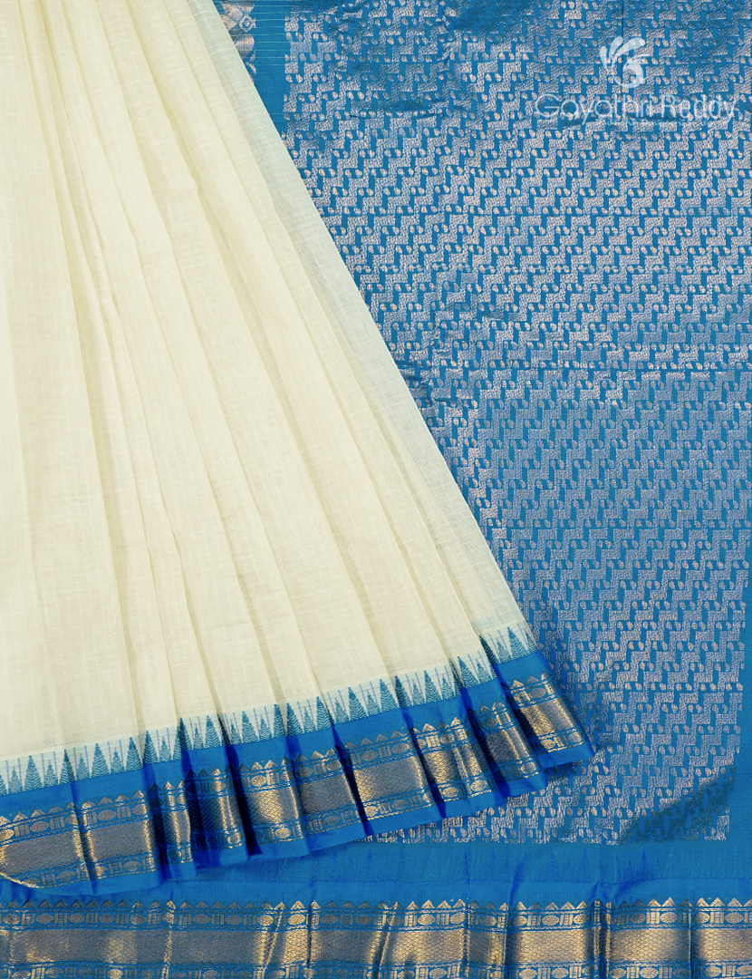 Pure Gadwal Cotton Saree in Milk White and Persian Blue