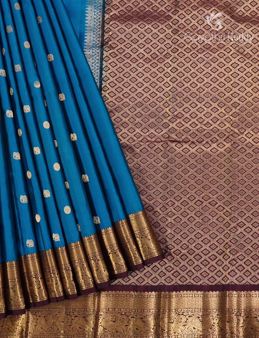 Pure Kanchipuram Silk Saree in Deep Peacock Blue and Deep Burgundy  (Medium Borders )