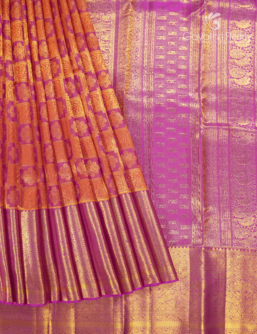 Pure Kanchipuram Silk Bridal Saree in Rani pink and Orange