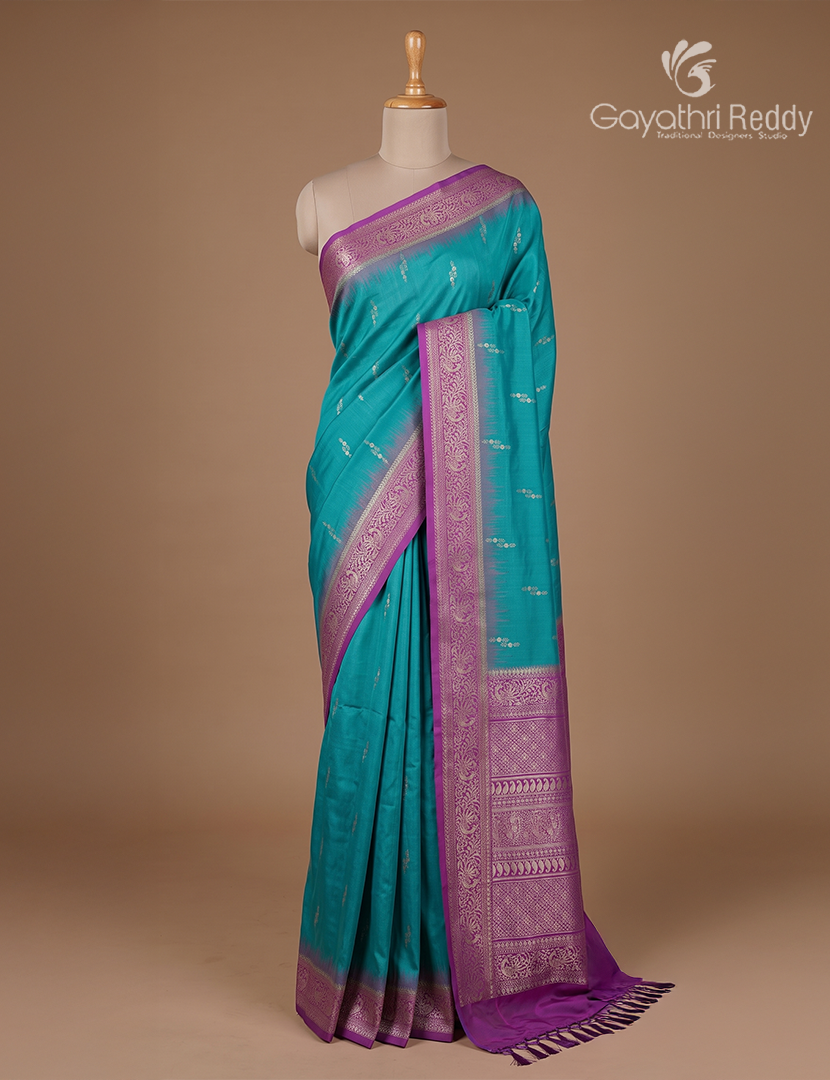 Semi Kanchipuran Silk Saree in Deep Peacock Blue and  Purple
