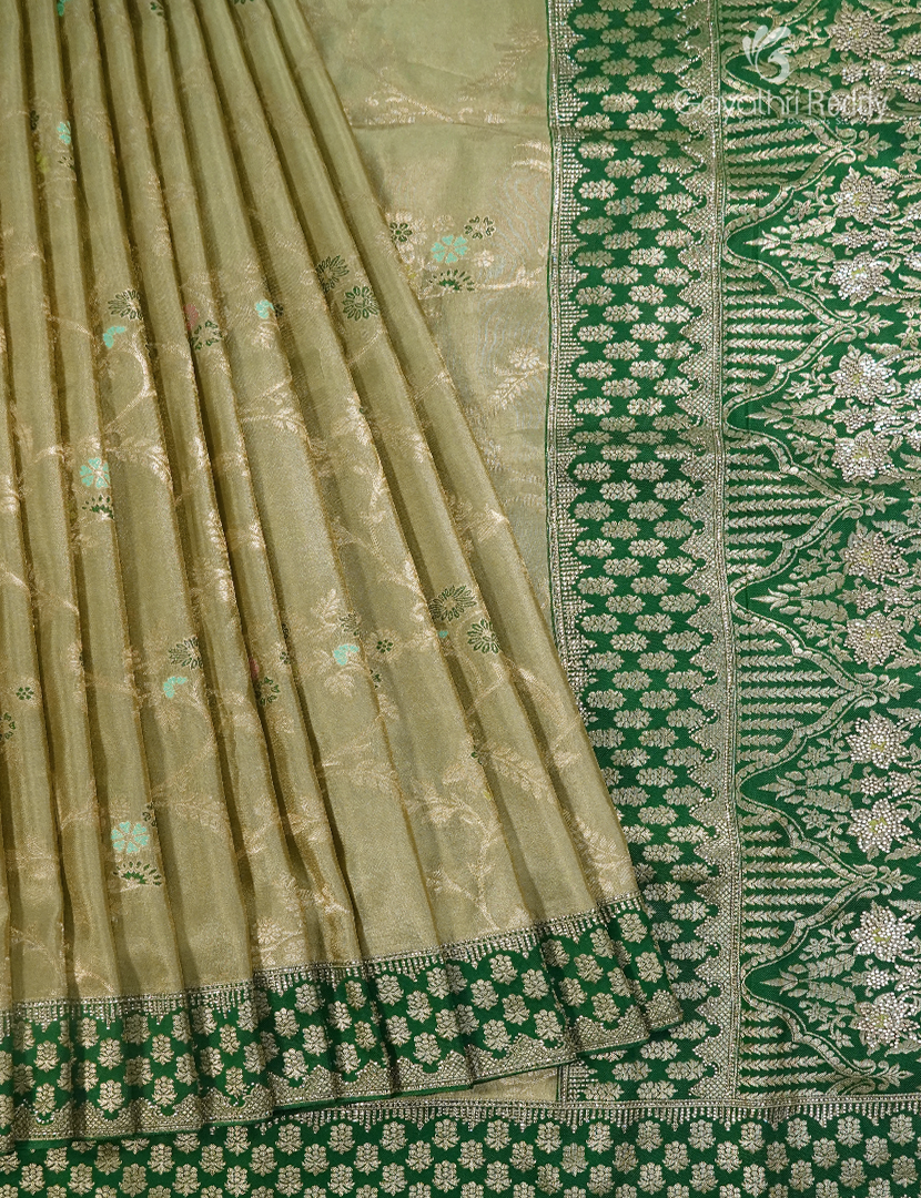 Semi Kanchipuram Silk Fancy  Saree in Light Olive Green  and Mehendi Green