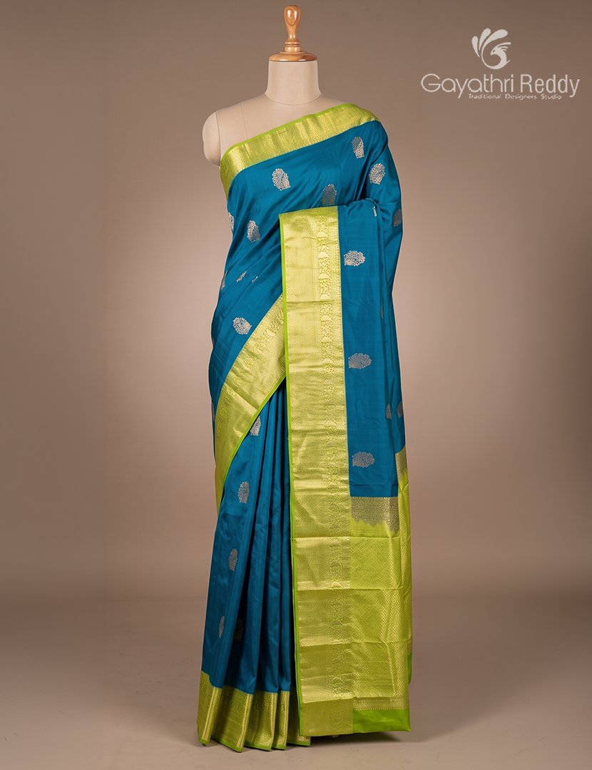 Semi Kanchipuram Silk Saree in Deep Peacock Blue and Parrot Green