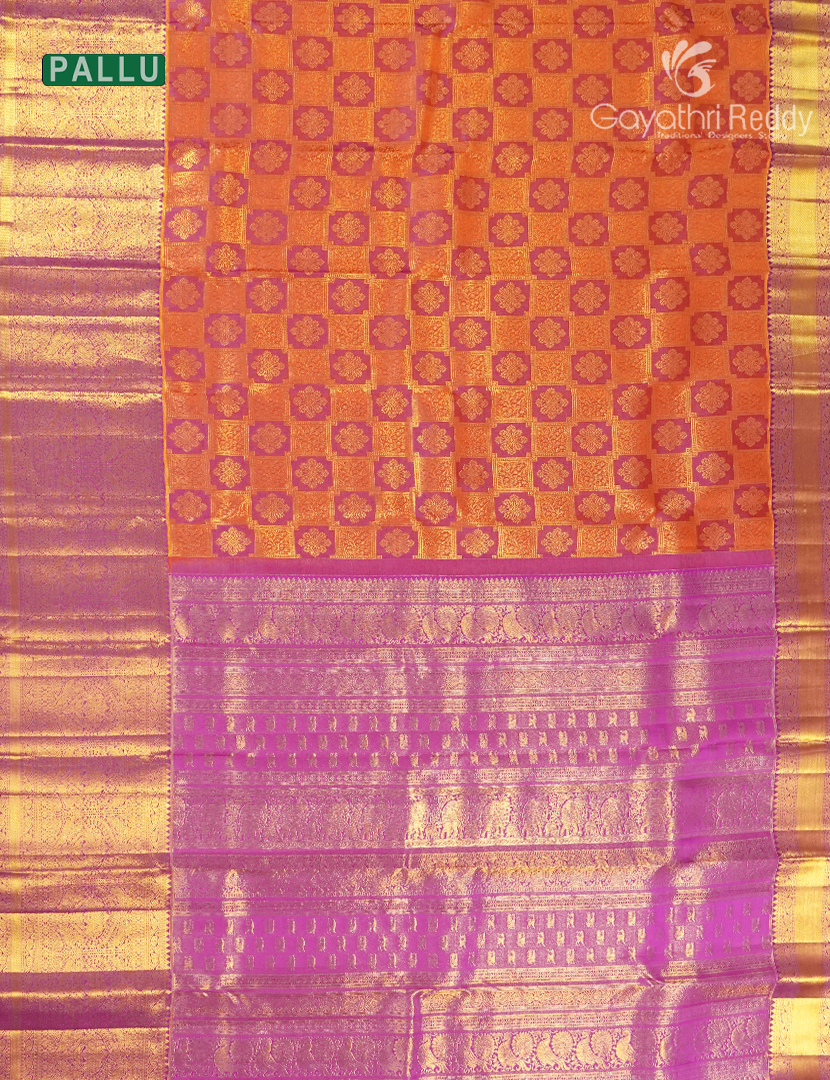 Pure Kanchipuram Silk Bridal Saree in Rani pink and Orange
