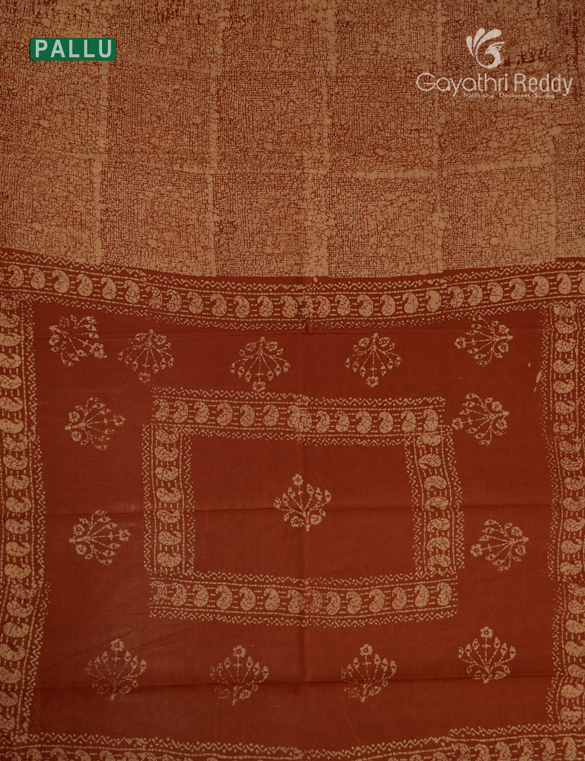 Cotton Batik Print Saree in Terracota and Beige