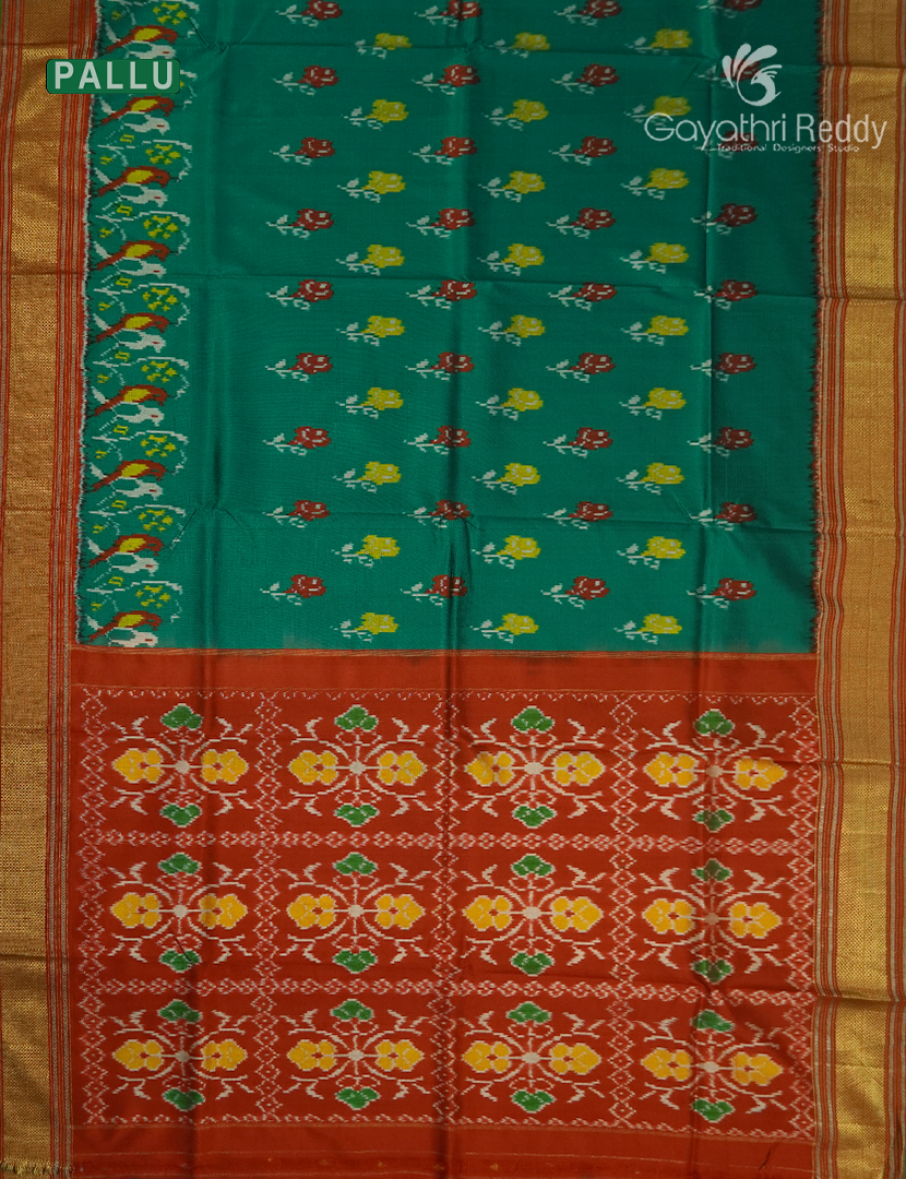 Pure Ikat Silk Saree in Rama Green and Brick Red