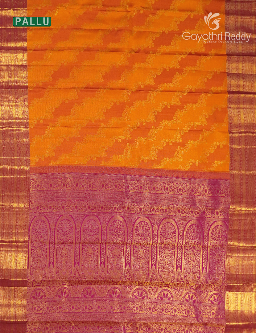 Pure  Kanchipuram Silk Saree in Yellow and Rani Pink (Rangkat Pattern )