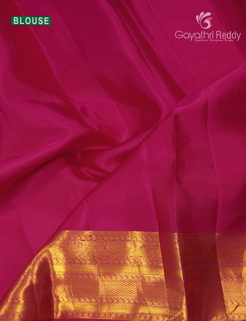 Pure  Kanchipuram Silk Saree in Yellow and Rani Pink (Rangkat Pattern )