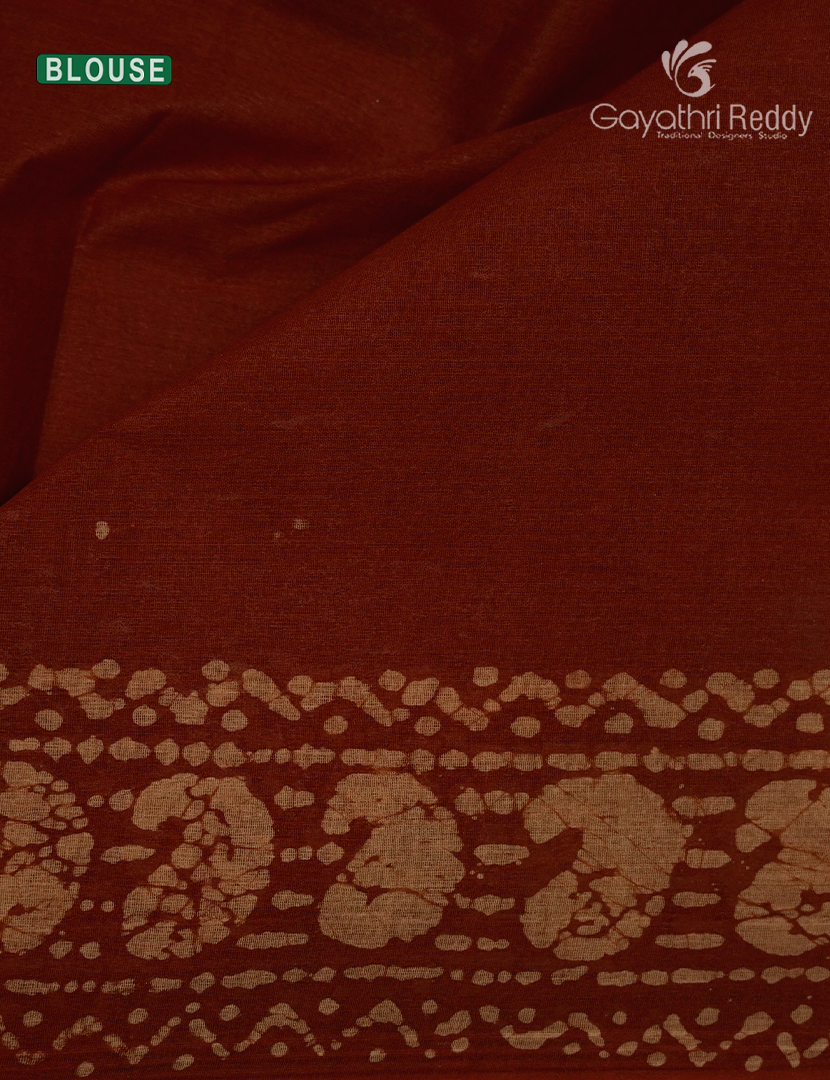 Cotton Batik Print Saree in Terracota and Beige