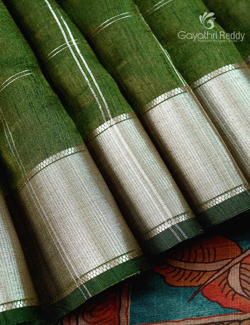 Semi Tussar Saree in Olive Green