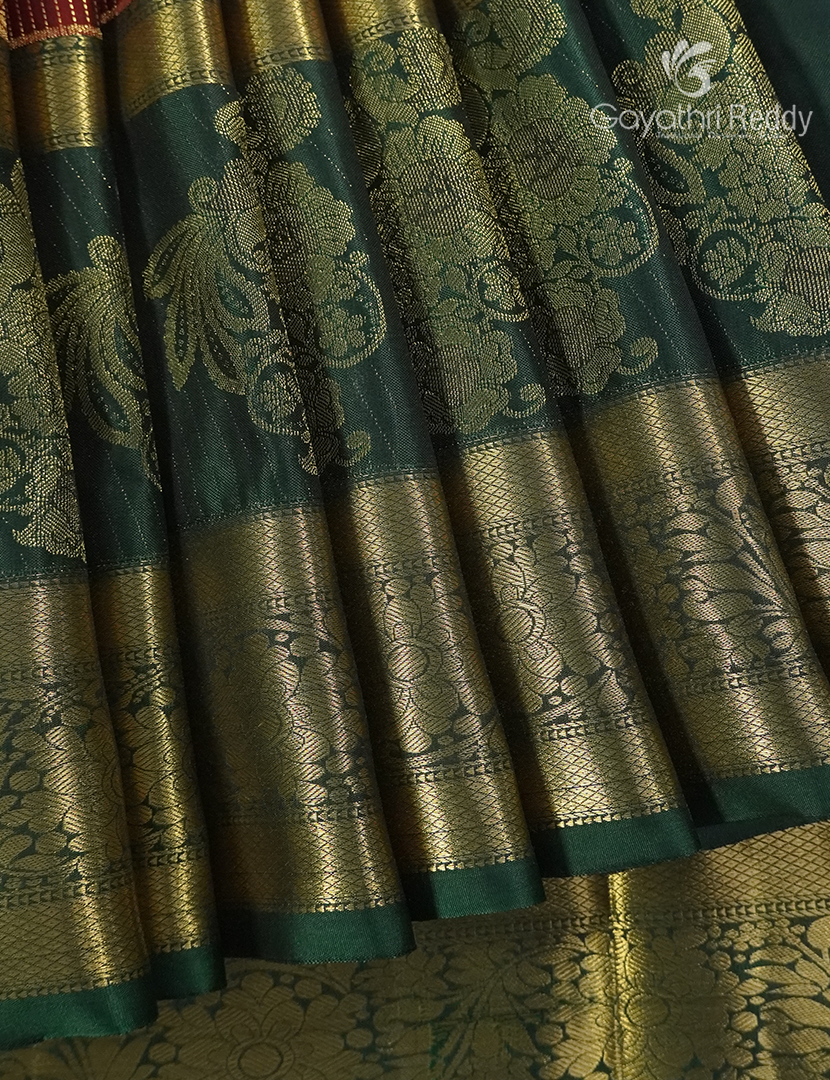 Semi Kanchipuram Silk Saree in Deep Maroon and Bottle Green