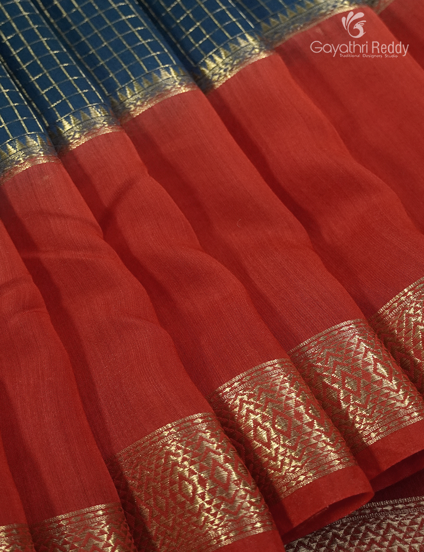 Semi Mysore Crepe Saree in Deep Peacock Blue and Red