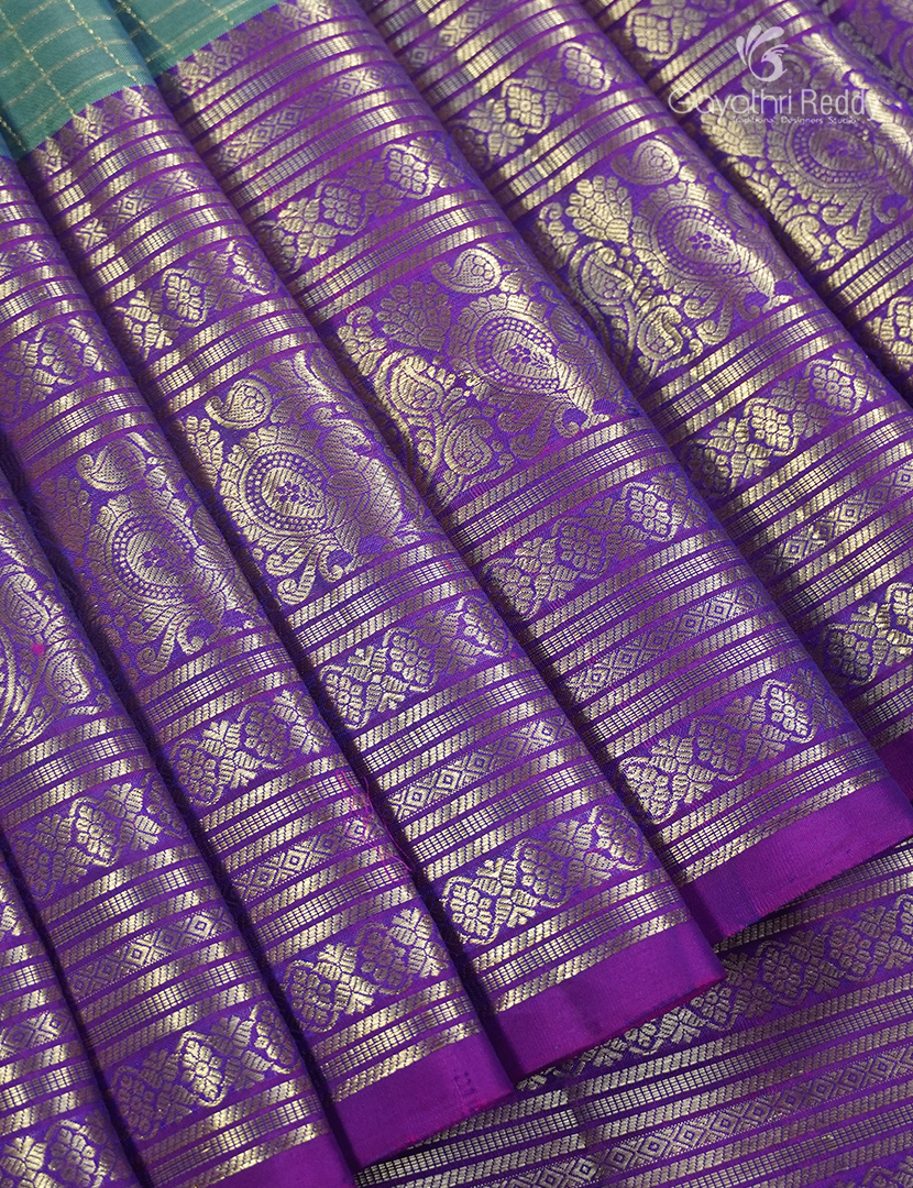Pure Kanchipuram Vintage Saree in Light SeaGreen and Purple