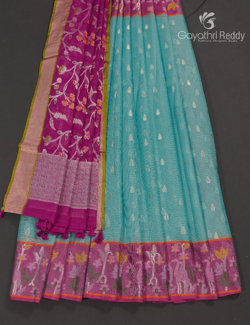 Banaras Kota Lehanga Set in Sky Blue and  Rani Pink