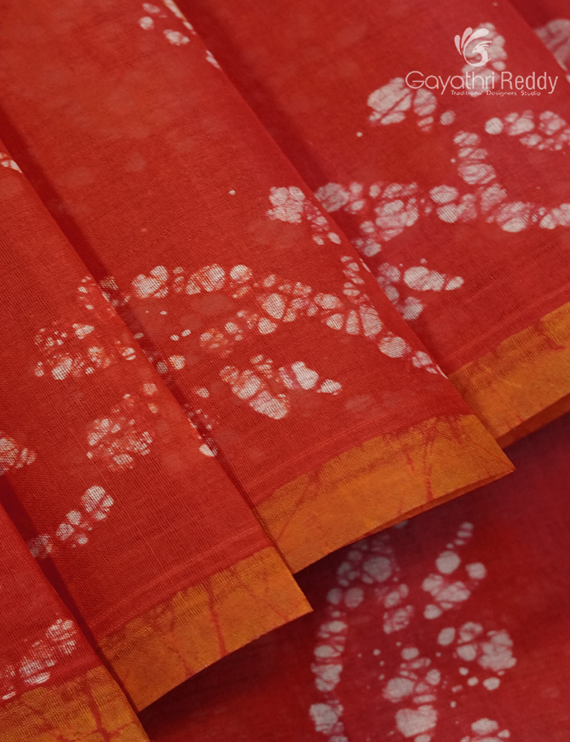 Cotton Batik Print Saree in Orange