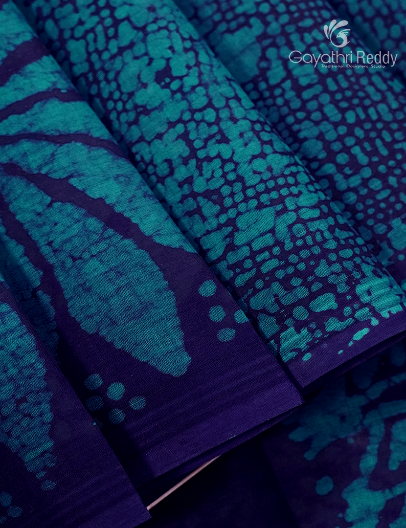 Cotton Batik Print Saree in Violet and Sky Blue