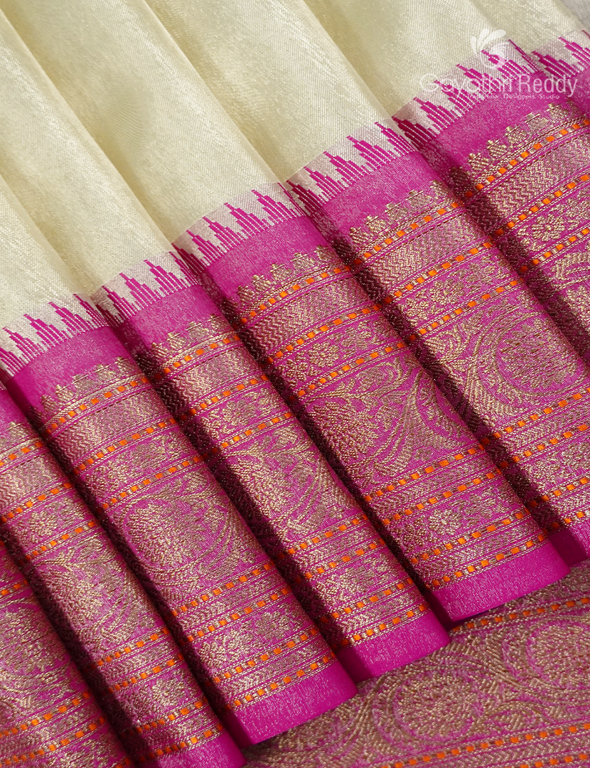 Semi Tissue Gadwal Saree in Cream and Rani Pink