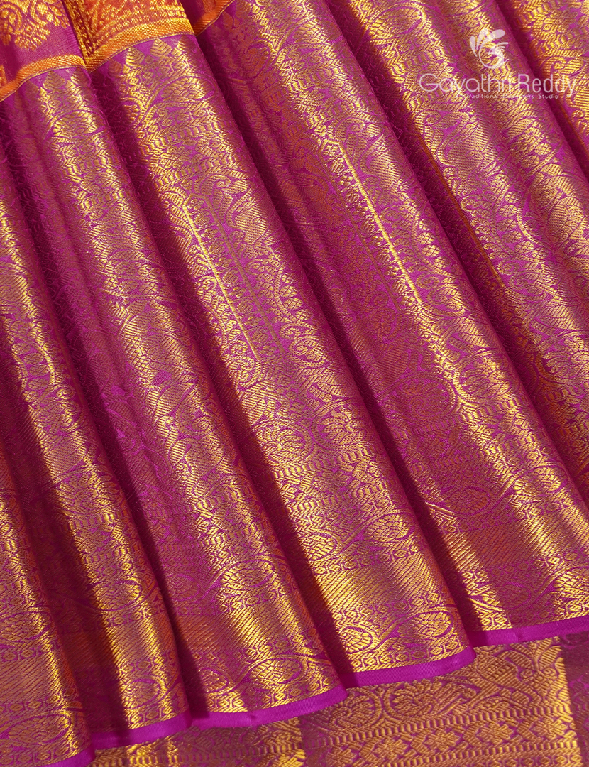 Pure Kanchipuram Silk Bridal Saree in Rani pink and Orange