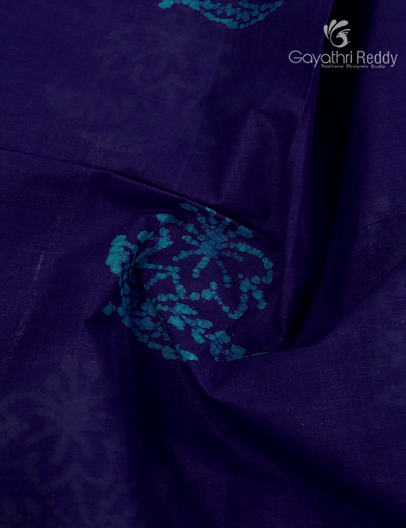 Cotton Batik Print Saree in Violet and Sky Blue