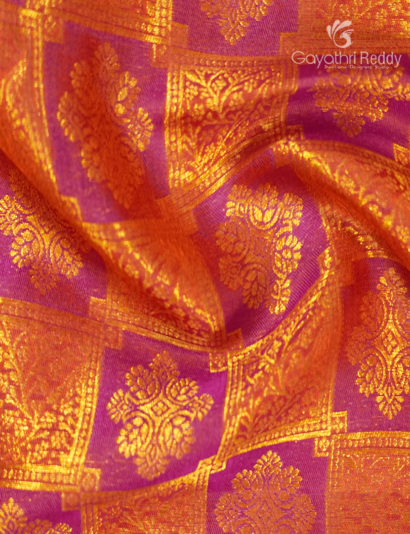 Pure Kanchipuram Silk Bridal Saree in Rani pink and Orange
