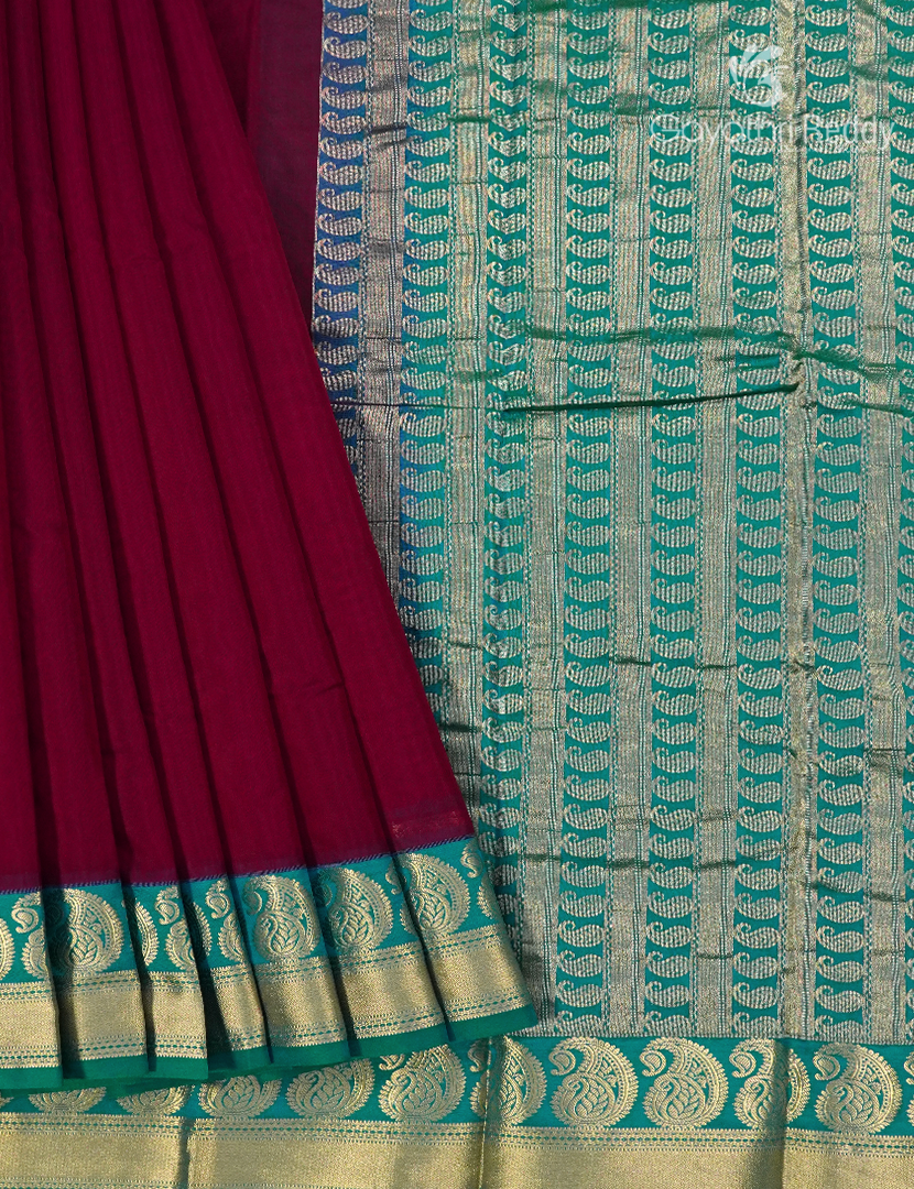 Pure Kanchi Sico Saree in Deep Maroon and Sea Blue
