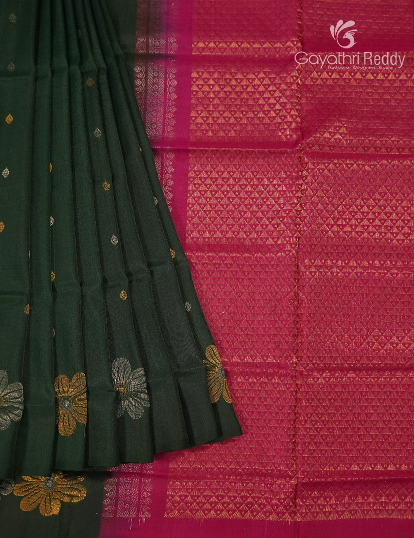 Pure Uppada Silk Saree in Bottle Green and Rani Pink