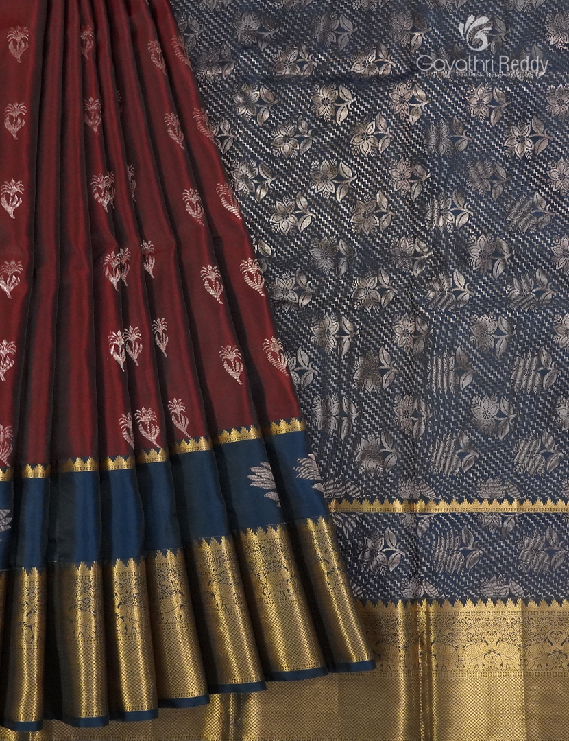 Pure Kanchipuram Silk Saree in Deep Maroon and Deep Peacock Blue