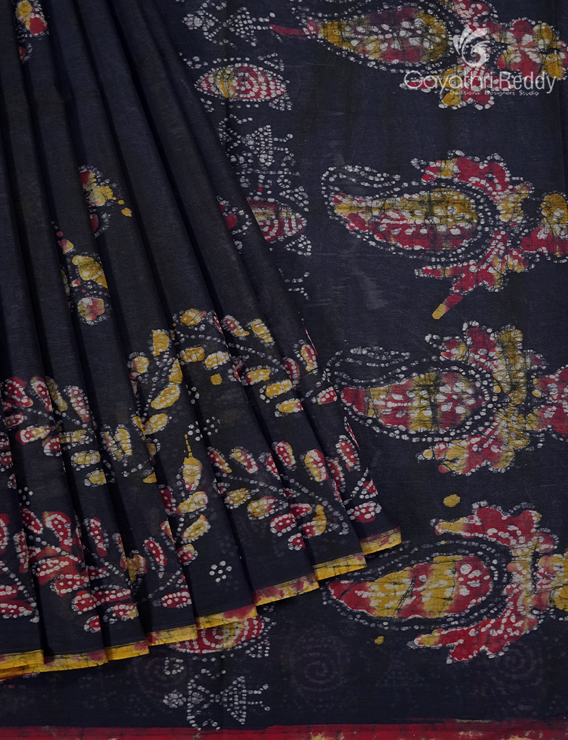 Cotton Batik Print Saree in Deep Navy Blue
