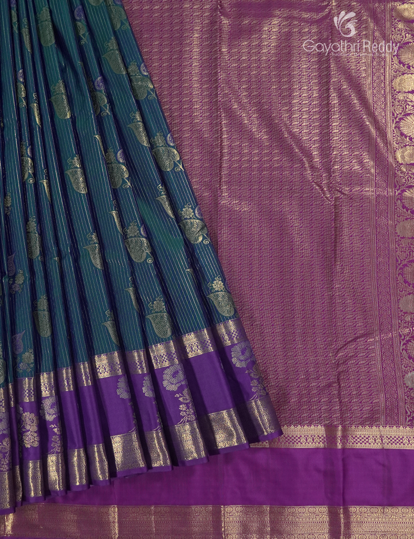 Semi Kanchipuram Silk Saree in Deep Peacock Green and Purple