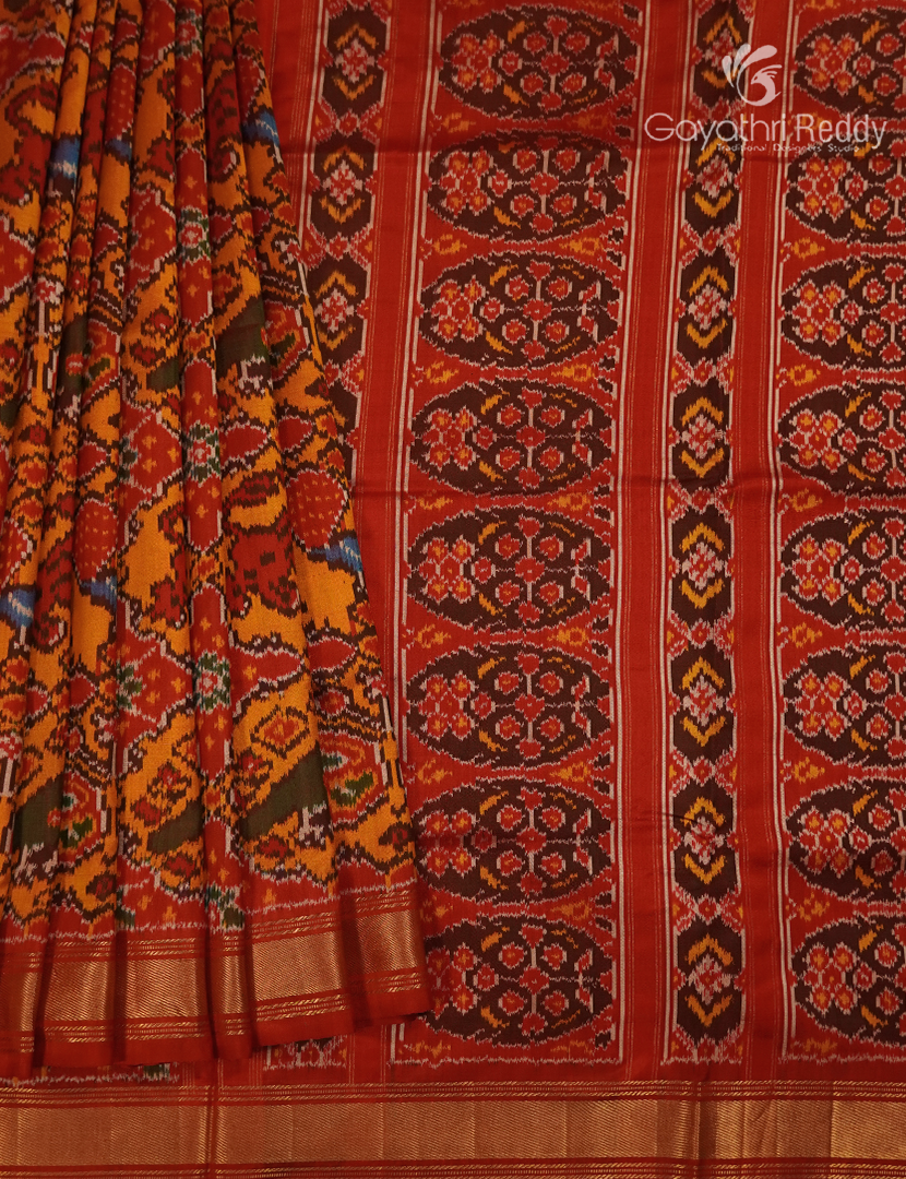 Pure Ikat Silk Saree in Orange and Red