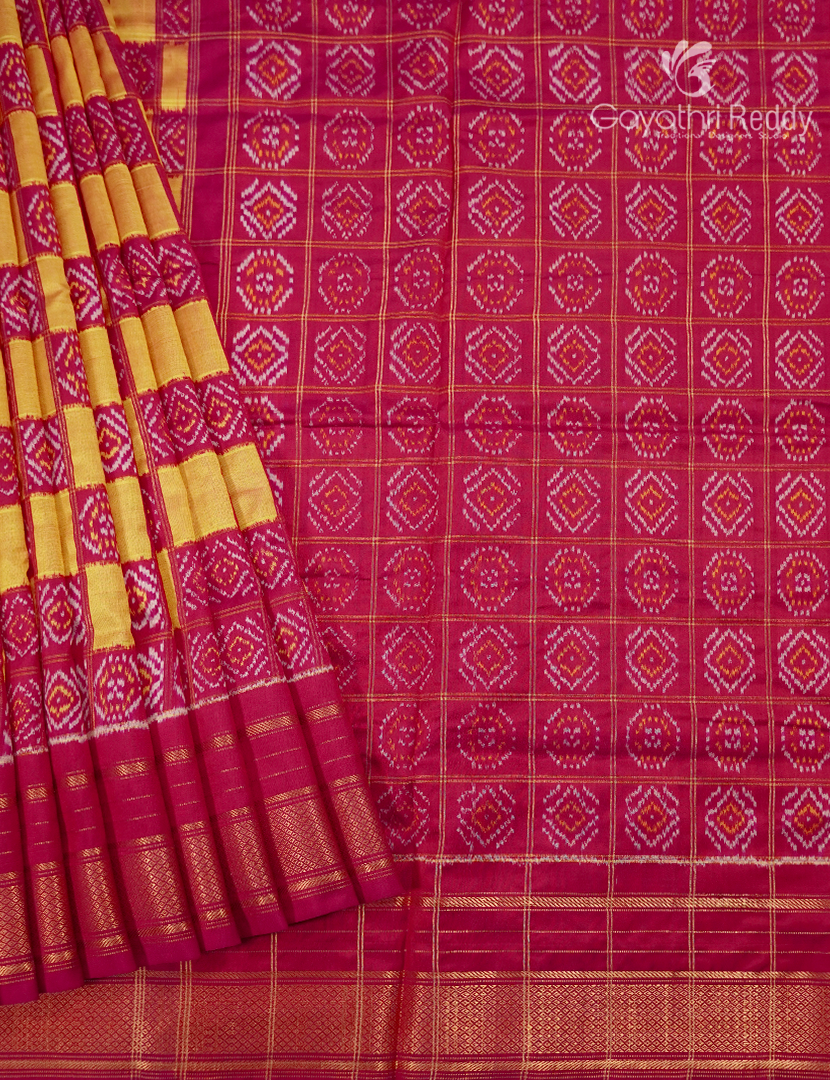 Pure Ikat Silk Saree in Yellow and Pink