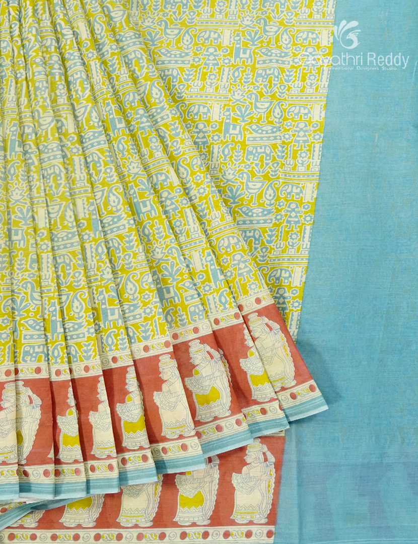 Pure MulMul Cotton Saree in Lime Green and Aqua Blue