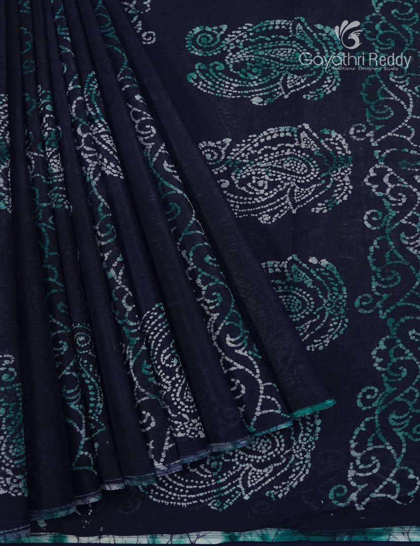 Cotton Batik Print Saree in Deep Navy Blue