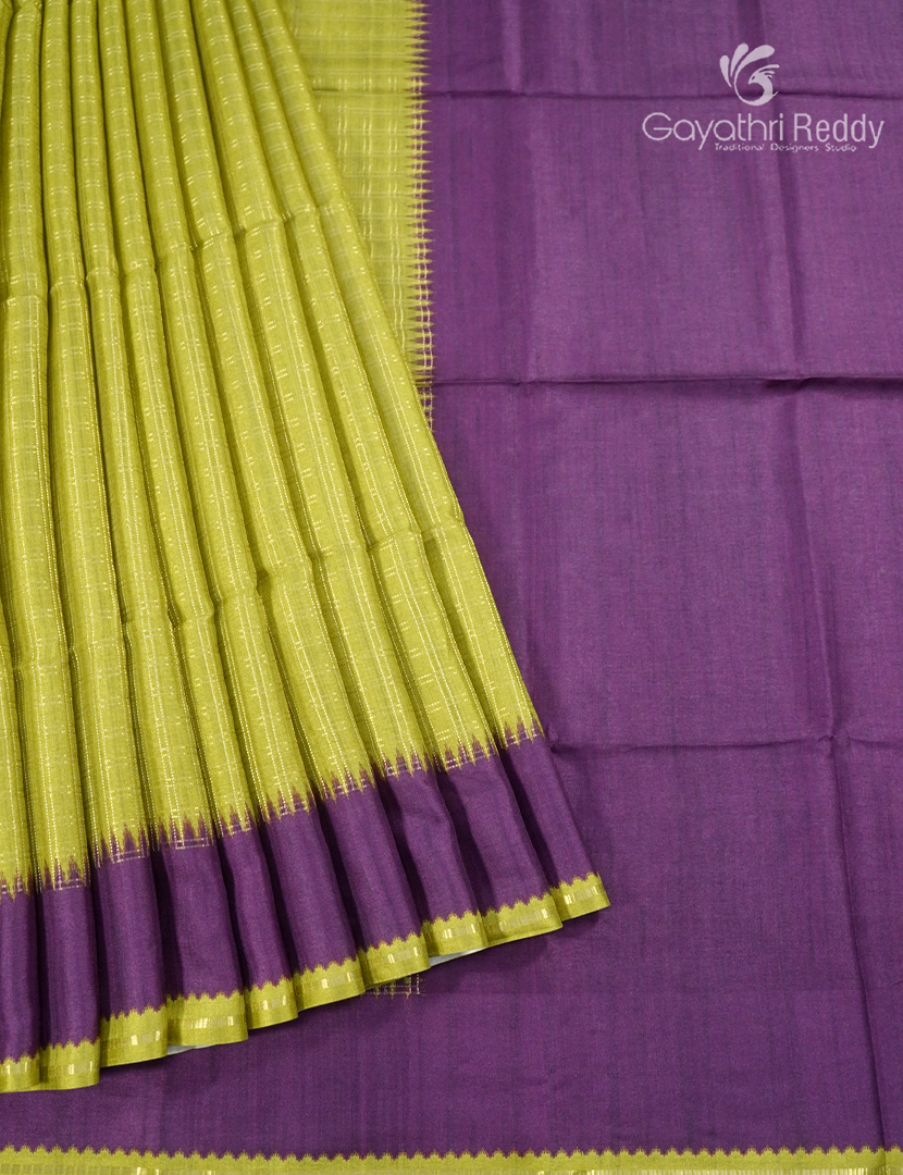 Semi Tussar Saree in Parrot Green and Purple