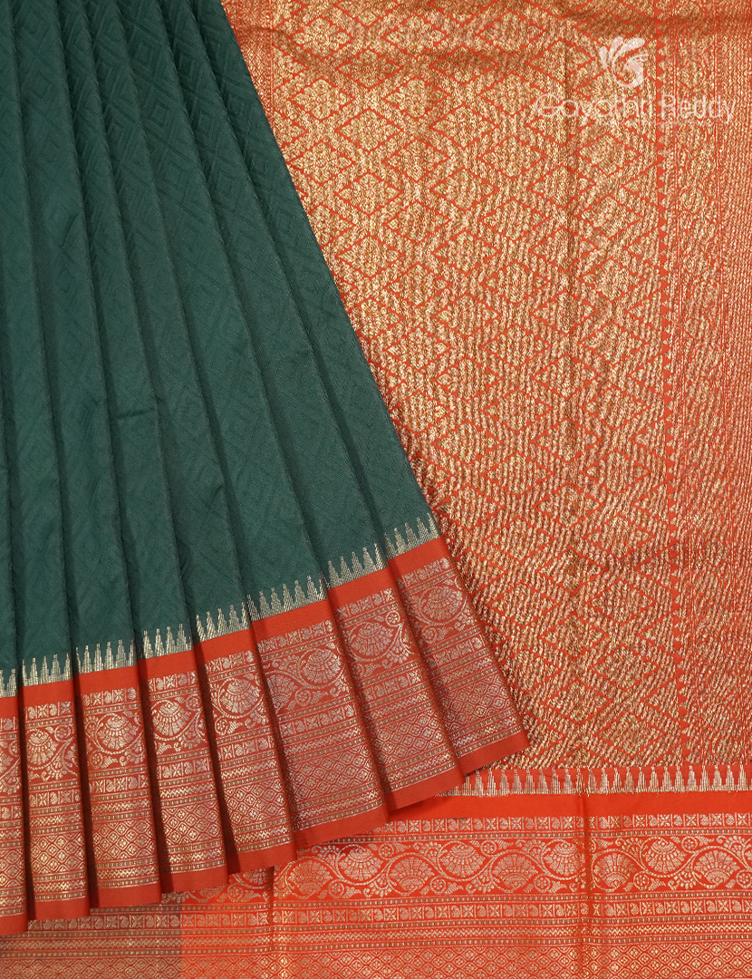 Semi Katan Silk Saree in Bottle Green and Red