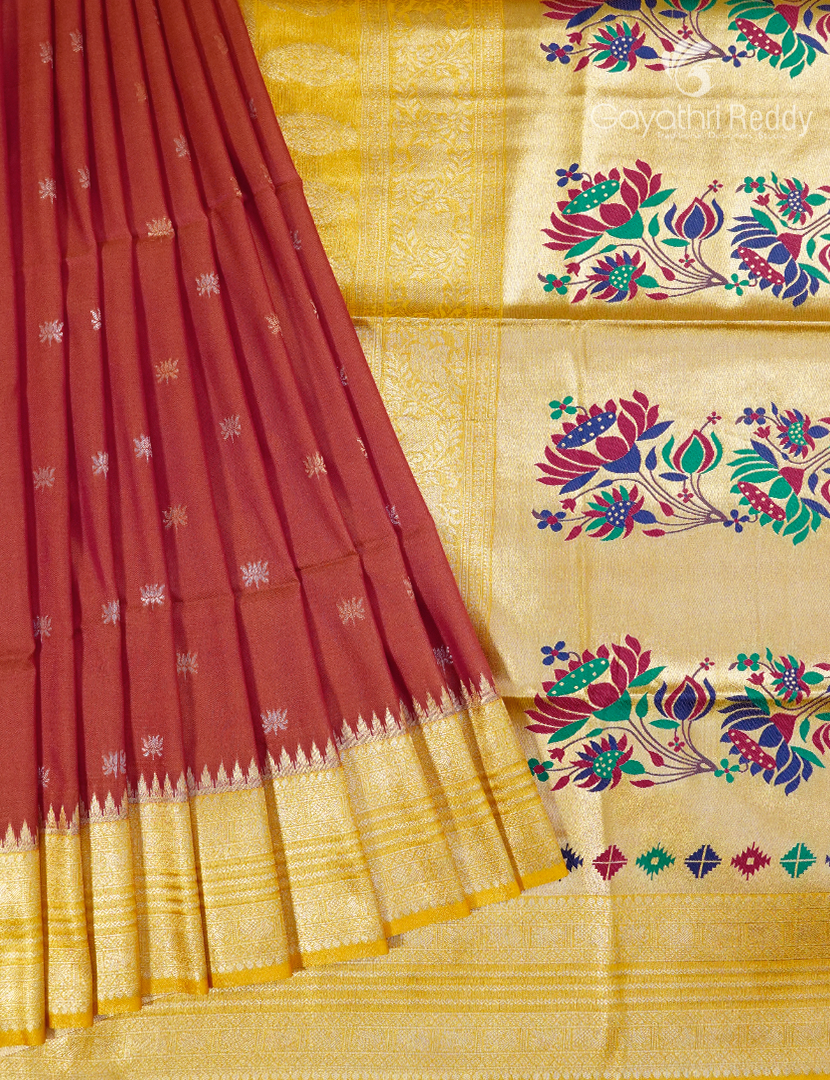 Semi Kanchipuram Art Silk Saree in Rust Red and Golden yellow