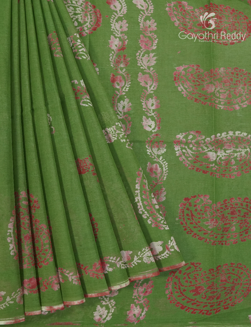 Cotton Batik Print Saree in Mehendi Green